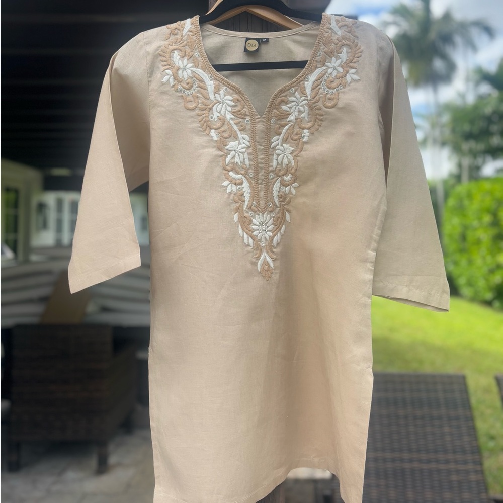 Embroidered Beige Tunic Top
